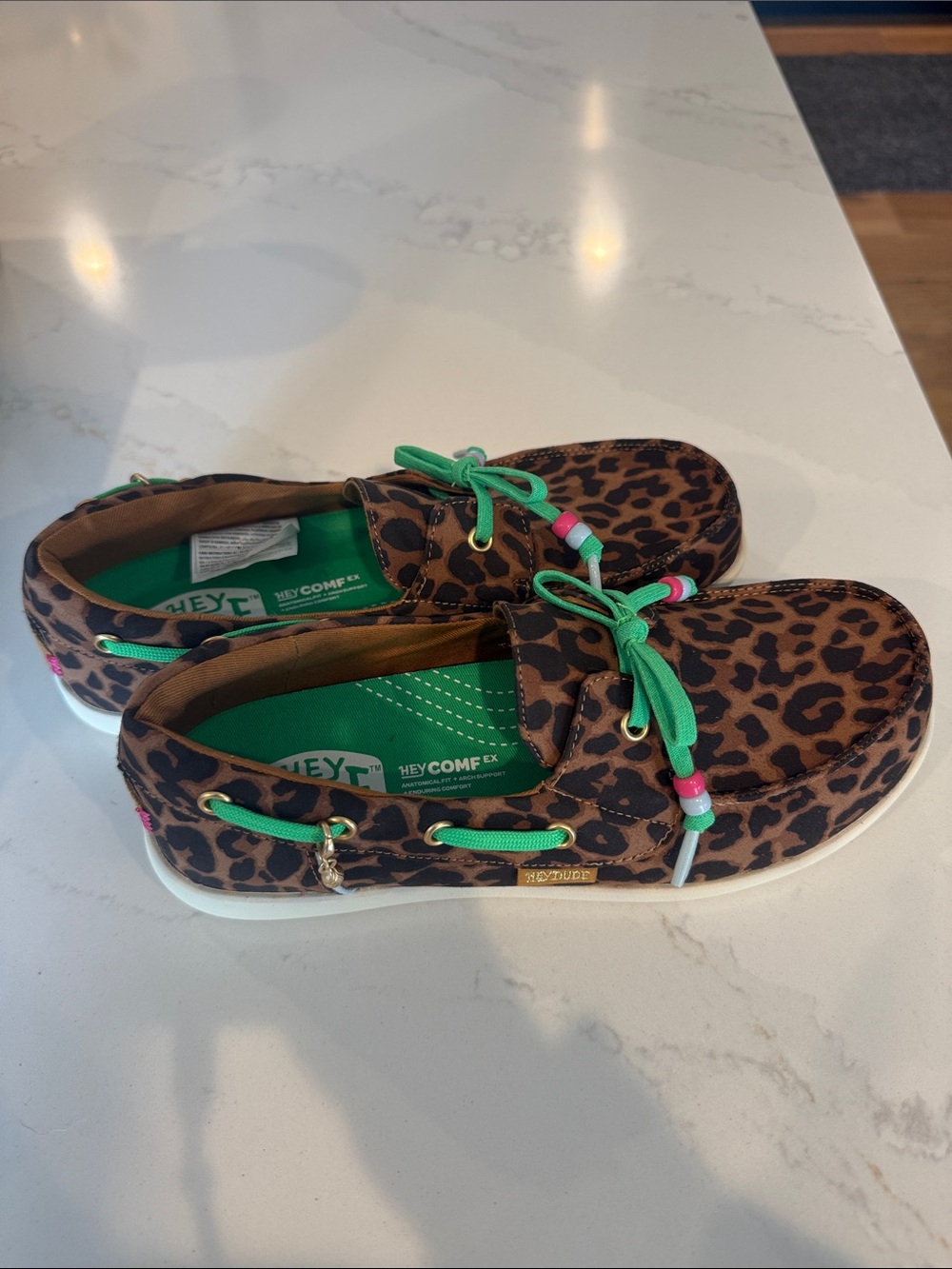Hey Dude Womens Leopard Print Moccasin with Green Accents, size 9, NWOT